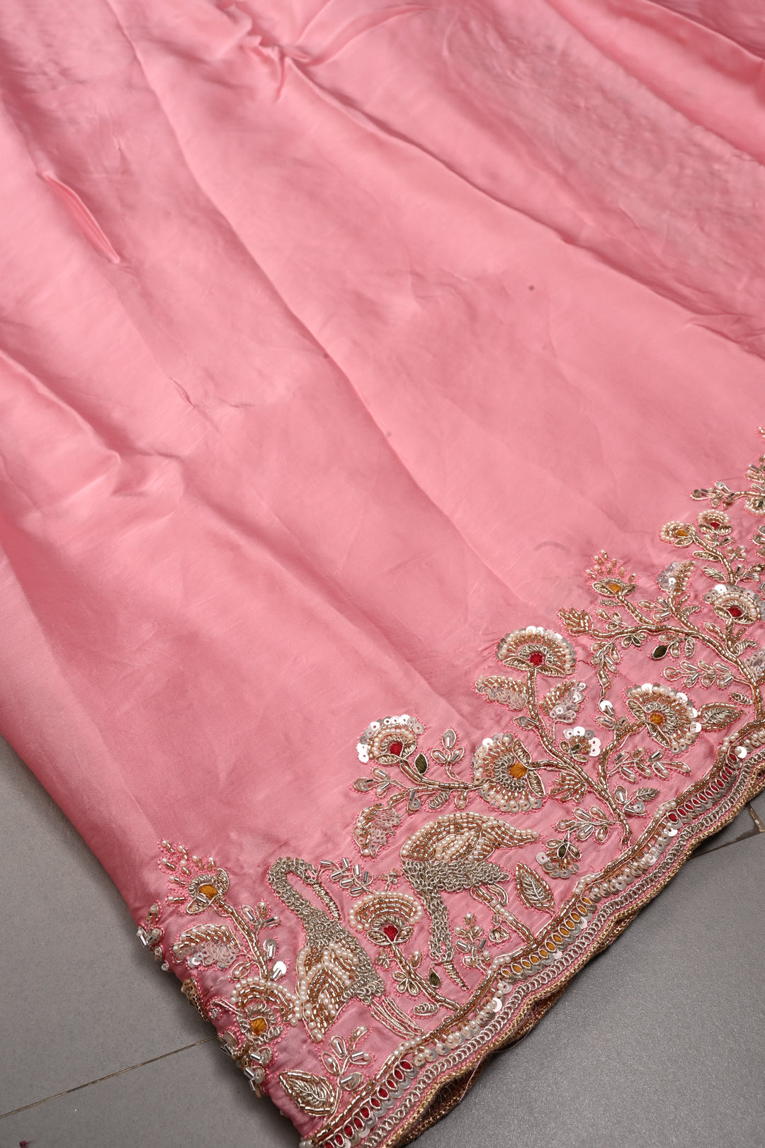 Rose Pink Vegan Viscose Silk Saree with Machine Embroidery and Meenakari Work on Scallop Border | SHOBITAM