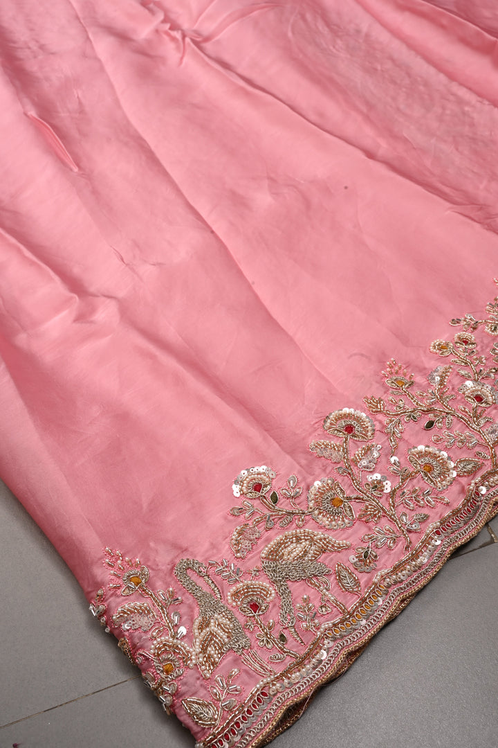 Rose Pink Vegan Viscose Silk Saree with Machine Embroidery and Meenakari Work on Scallop Border | SHOBITAM