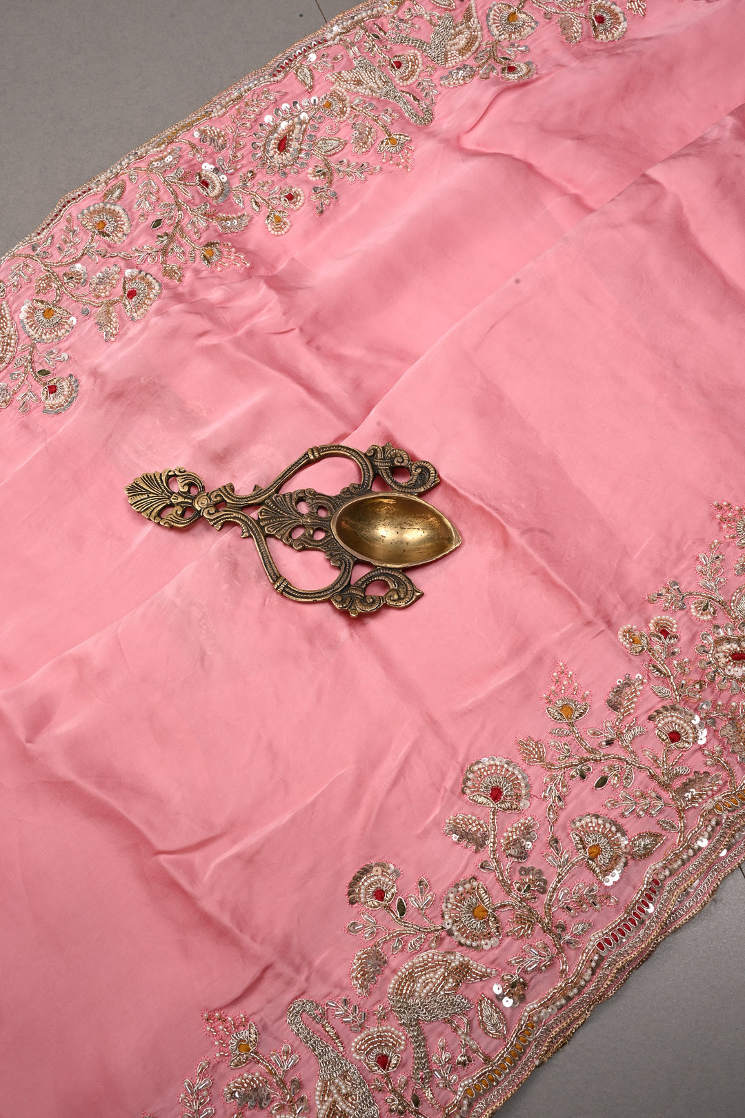 Rose Pink Vegan Viscose Silk Saree with Machine Embroidery and Meenakari Work on Scallop Border | SHOBITAM