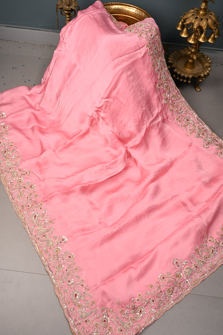 Rose Pink Vegan Viscose Silk Saree with Machine Embroidery and Meenakari Work on Scallop Border | SHOBITAM