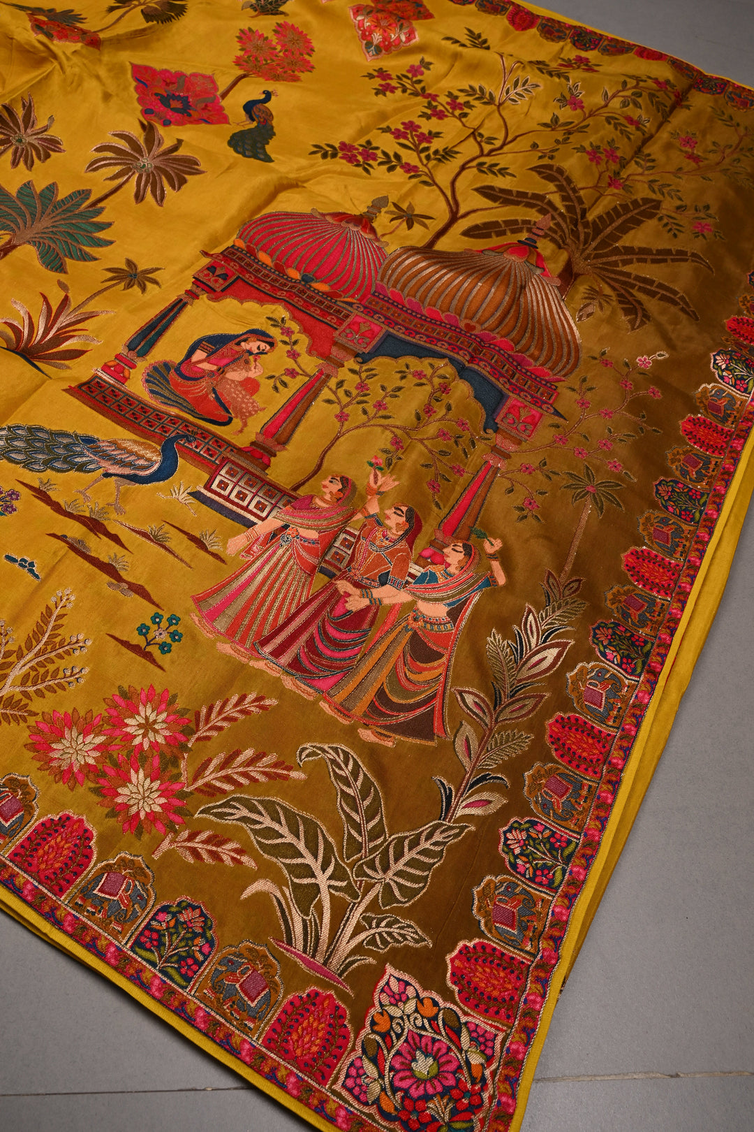 Borderless Methi Yellow Vegan Viscose Silk Saree with Shikargah Floral Motif | SHOBITAM