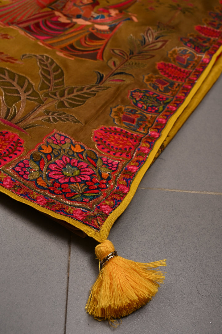 Borderless Methi Yellow Vegan Viscose Silk Saree with Shikargah Floral Motif | SHOBITAM