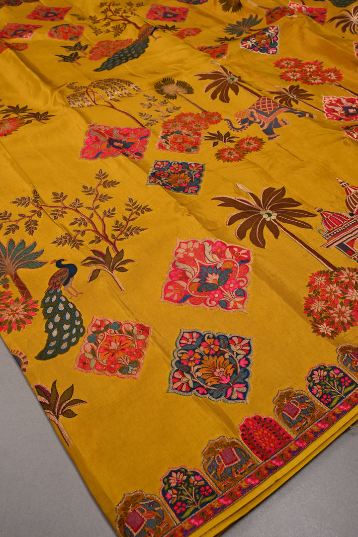 Borderless Methi Yellow Vegan Viscose Silk Saree with Shikargah Floral Motif | SHOBITAM