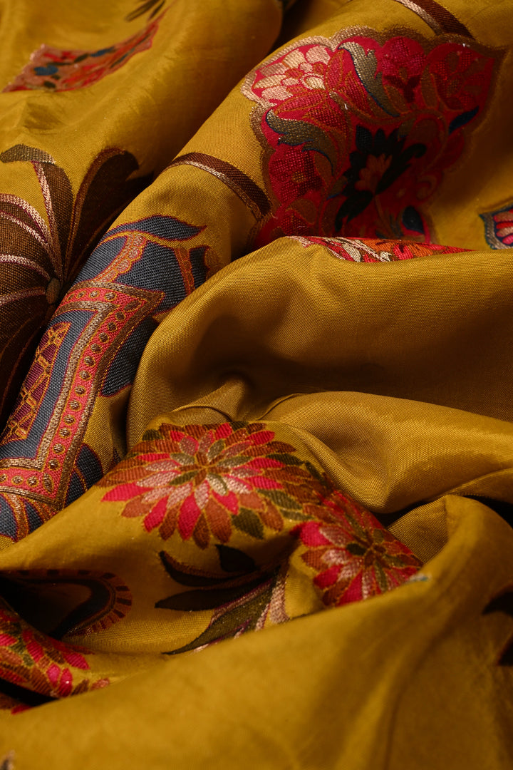 Borderless Methi Yellow Vegan Viscose Silk Saree with Shikargah Floral Motif | SHOBITAM