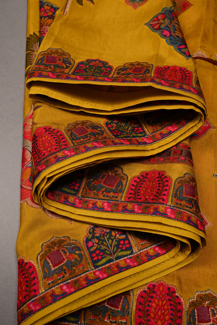 Borderless Methi Yellow Vegan Viscose Silk Saree with Shikargah Floral Motif | SHOBITAM