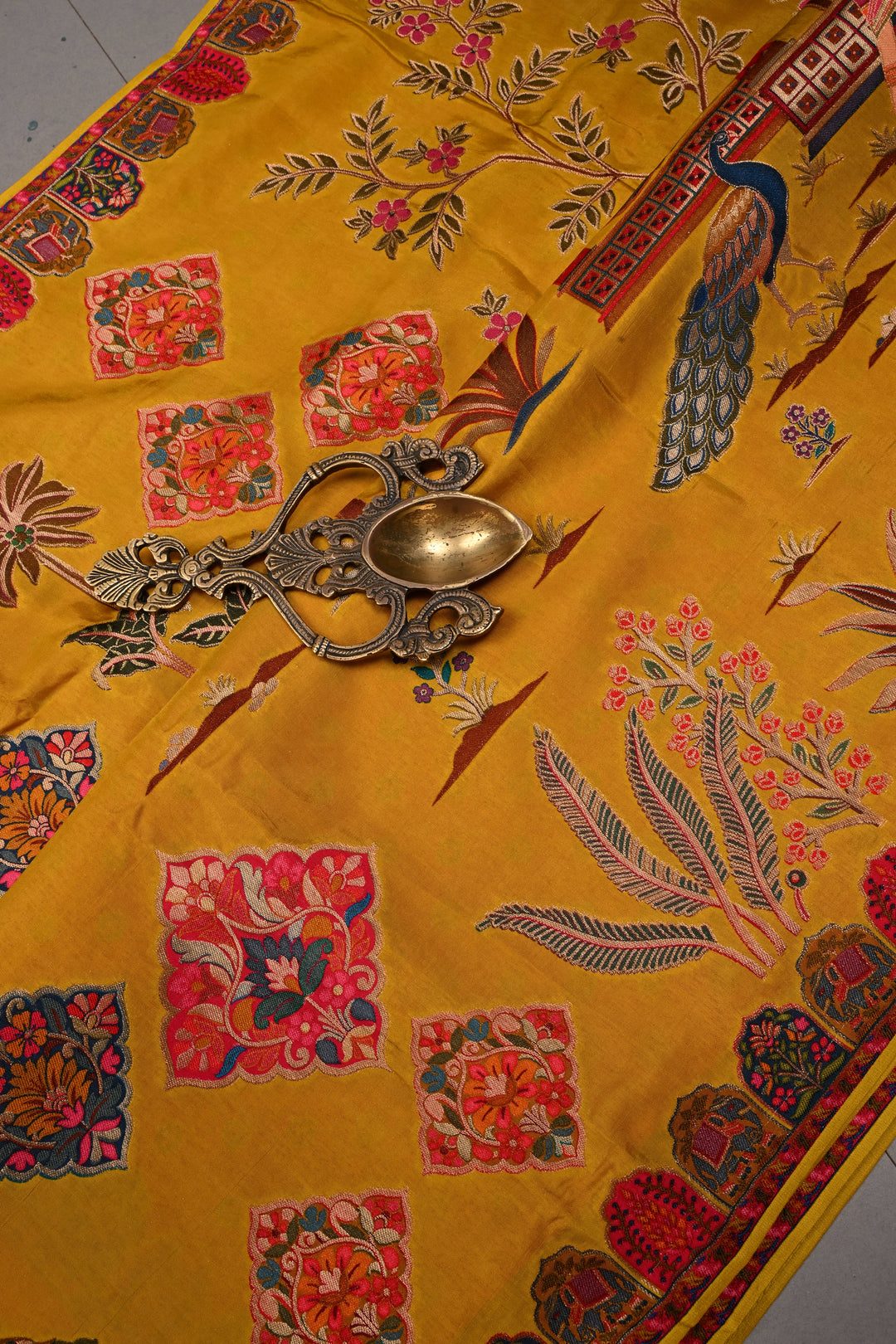 Borderless Methi Yellow Vegan Viscose Silk Saree with Shikargah Floral Motif | SHOBITAM