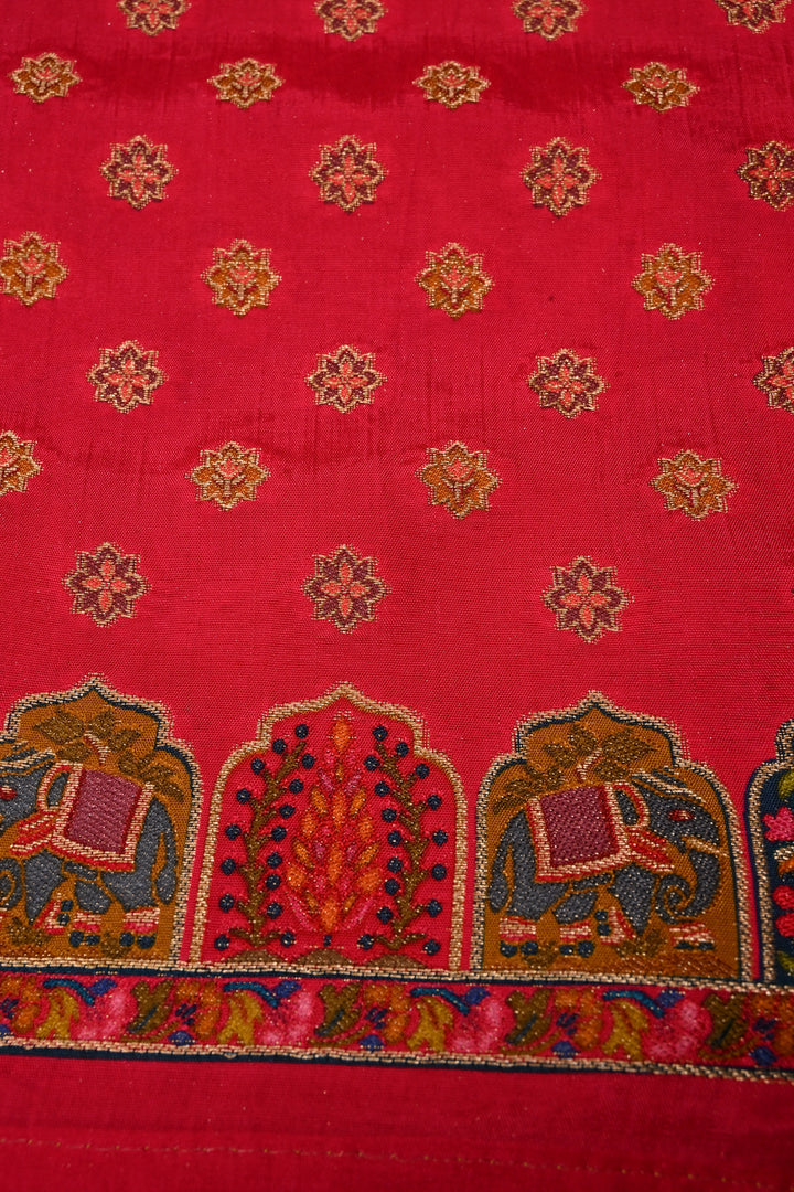 Borderless Methi Yellow Vegan Viscose Silk Saree with Shikargah Floral Motif | SHOBITAM