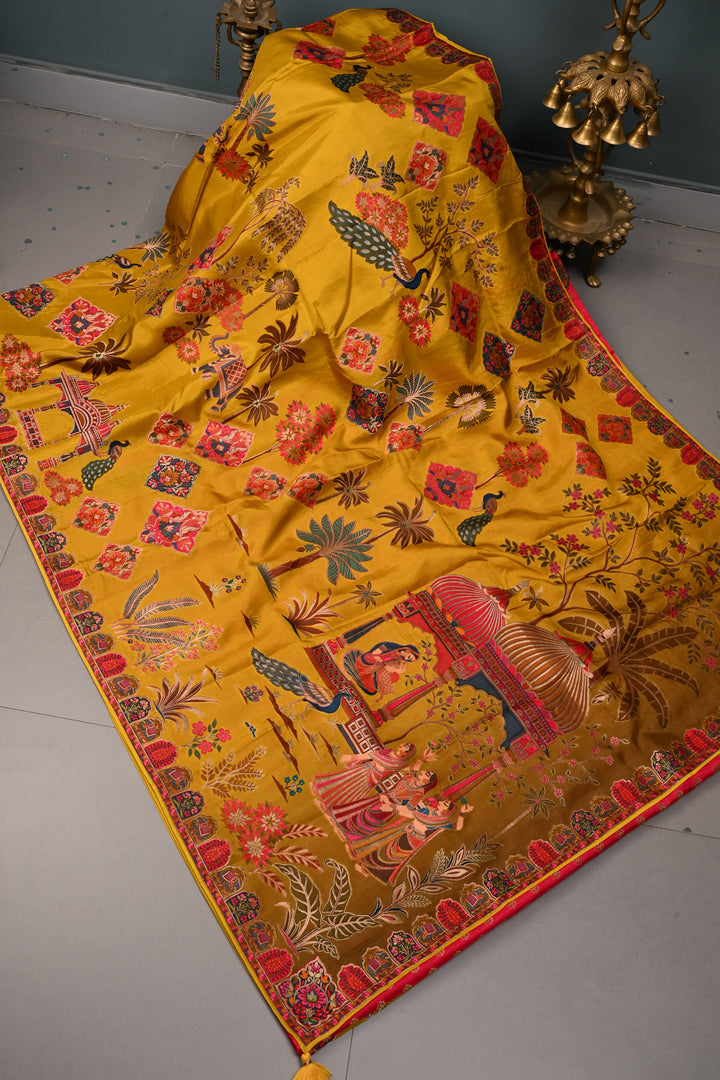 Borderless Methi Yellow Vegan Viscose Silk Saree with Shikargah Floral Motif | SHOBITAM
