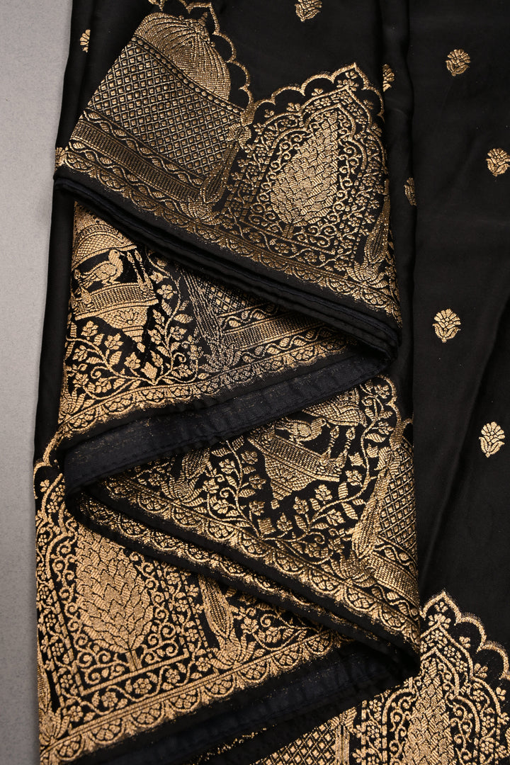 Black Vegan Viscose Silk Saree with  Flower butta and Zari  Border | SHOBITAM