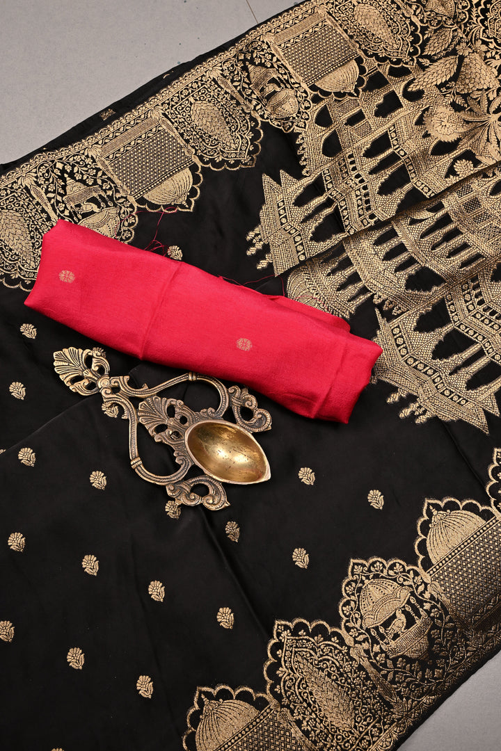 Black Vegan Viscose Silk Saree with  Flower butta and Zari  Border | SHOBITAM