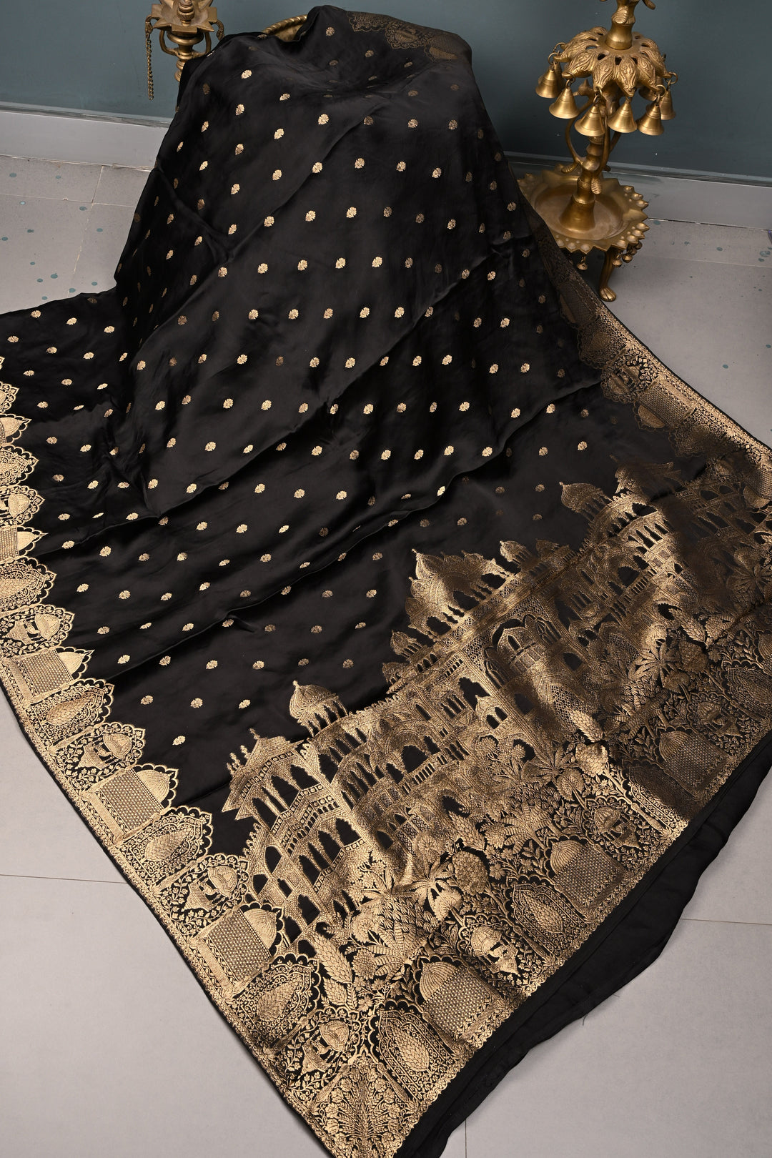 Black Vegan Viscose Silk Saree with  Flower butta and Zari  Border | SHOBITAM