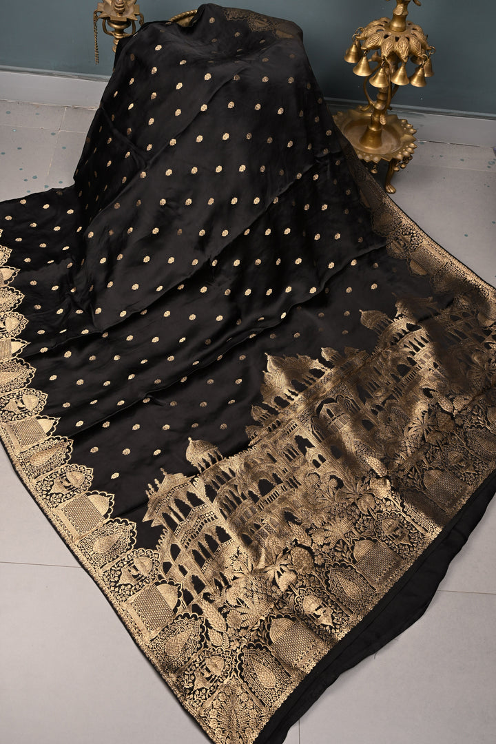 Black Vegan Viscose Silk Saree with  Flower butta and Zari  Border | SHOBITAM