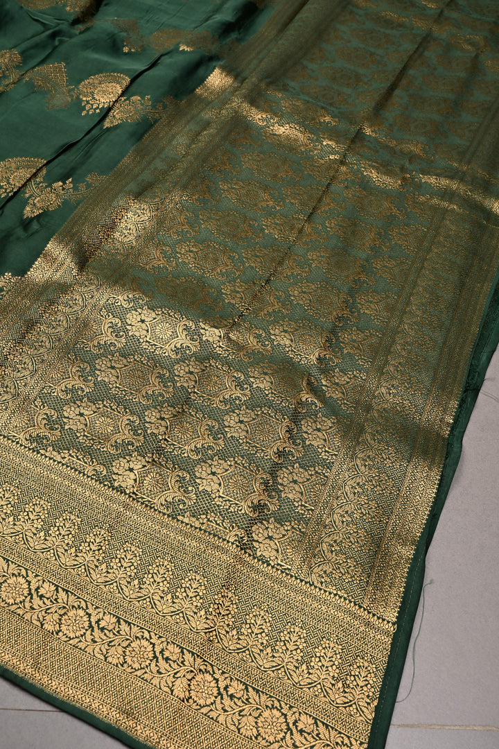 Green Vegan Viscose Silk Saree with ornate scalloped Design and Zari Border | SHOBITAM