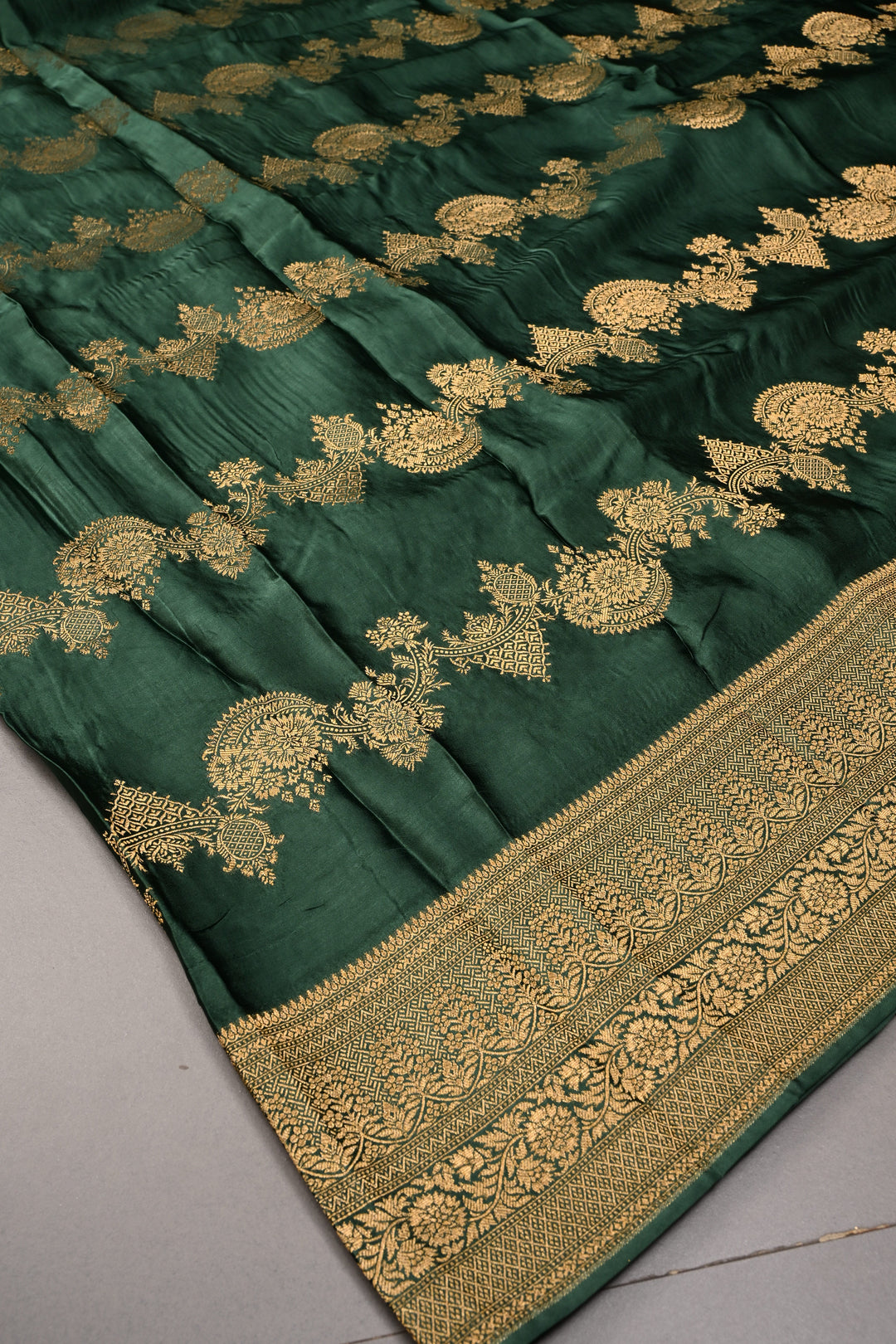 Green Vegan Viscose Silk Saree with ornate scalloped Design and Zari Border | SHOBITAM