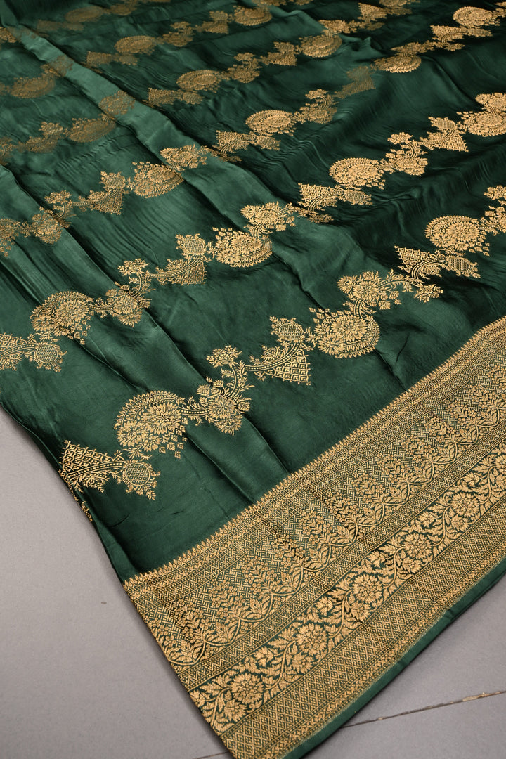 Green Vegan Viscose Silk Saree with ornate scalloped Design and Zari Border | SHOBITAM