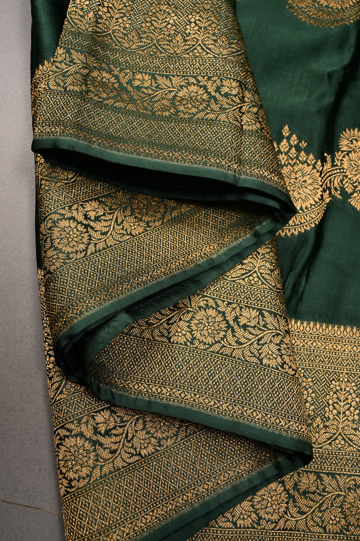 Green Vegan Viscose Silk Saree with ornate scalloped Design and Zari Border | SHOBITAM