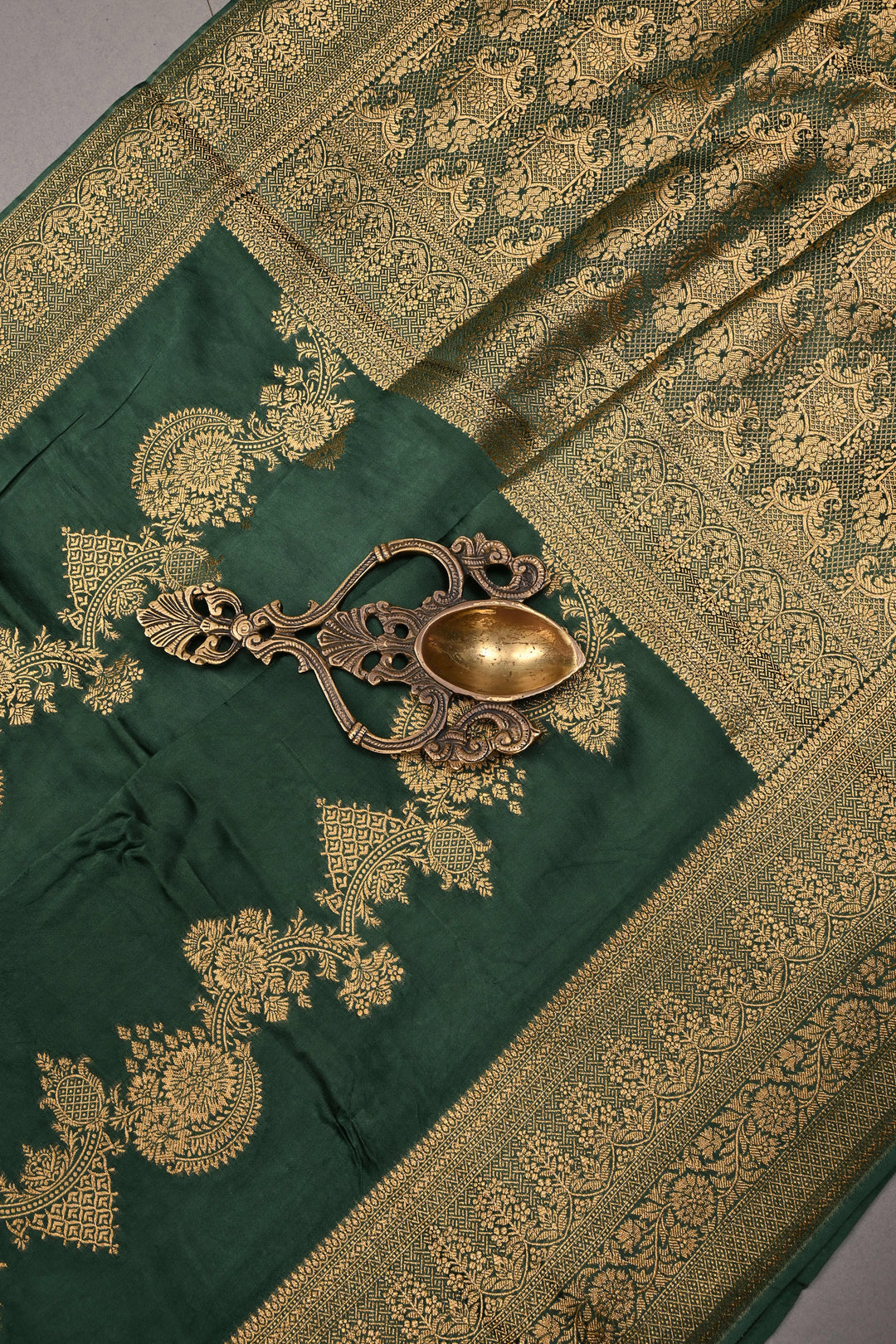 Green Vegan Viscose Silk Saree with ornate scalloped Design and Zari Border | SHOBITAM