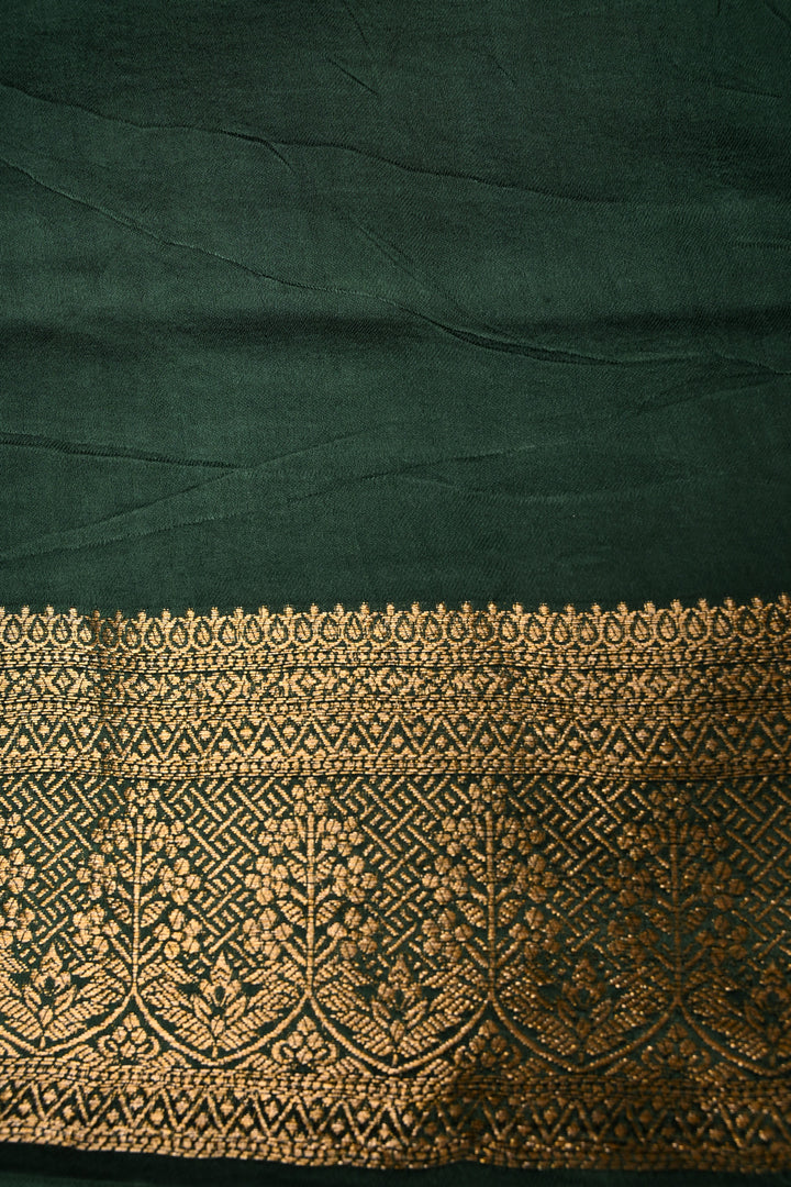 Green Vegan Viscose Silk Saree with ornate scalloped Design and Zari Border | SHOBITAM