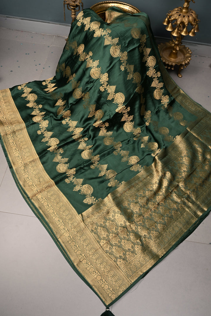 Green Vegan Viscose Silk Saree with ornate scalloped Design and Zari Border | SHOBITAM