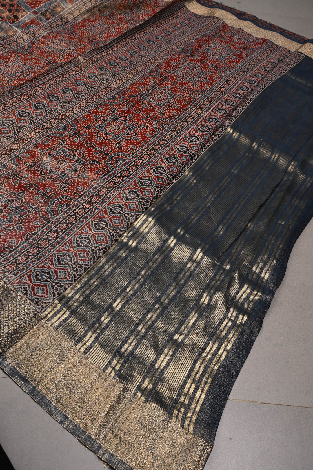 Maroon-Blue Ajrakh Print on Vegan Viscose Tissue Silk Saree with Gharchola Design and Zari Border | SHOBITAM