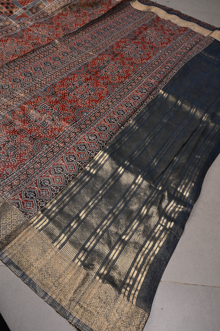 Maroon-Blue Ajrakh Print on Vegan Viscose Tissue Silk Saree with Gharchola Design and Zari Border | SHOBITAM
