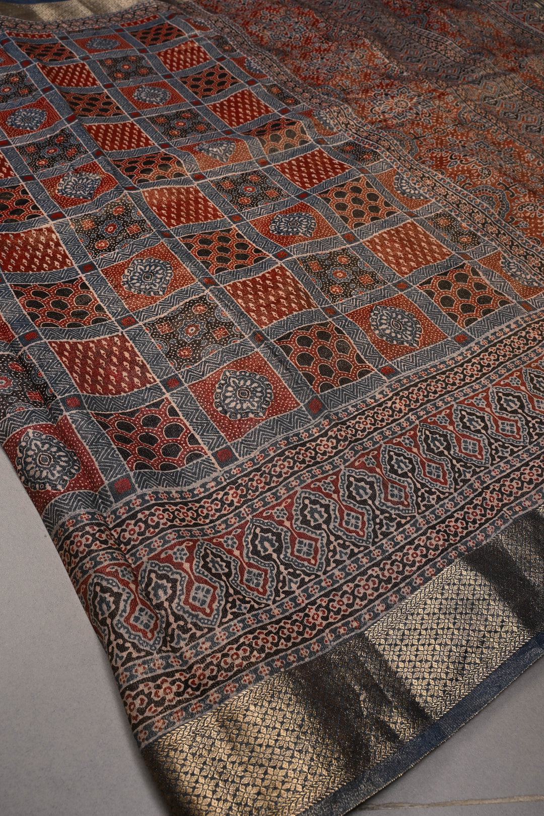 Maroon-Blue Ajrakh Print on Vegan Viscose Tissue Silk Saree with Gharchola Design and Zari Border | SHOBITAM