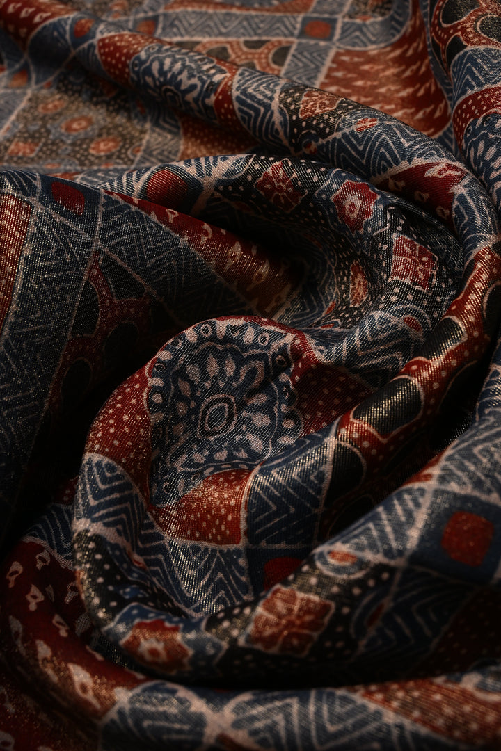 Maroon-Blue Ajrakh Print on Vegan Viscose Tissue Silk Saree with Gharchola Design and Zari Border | SHOBITAM