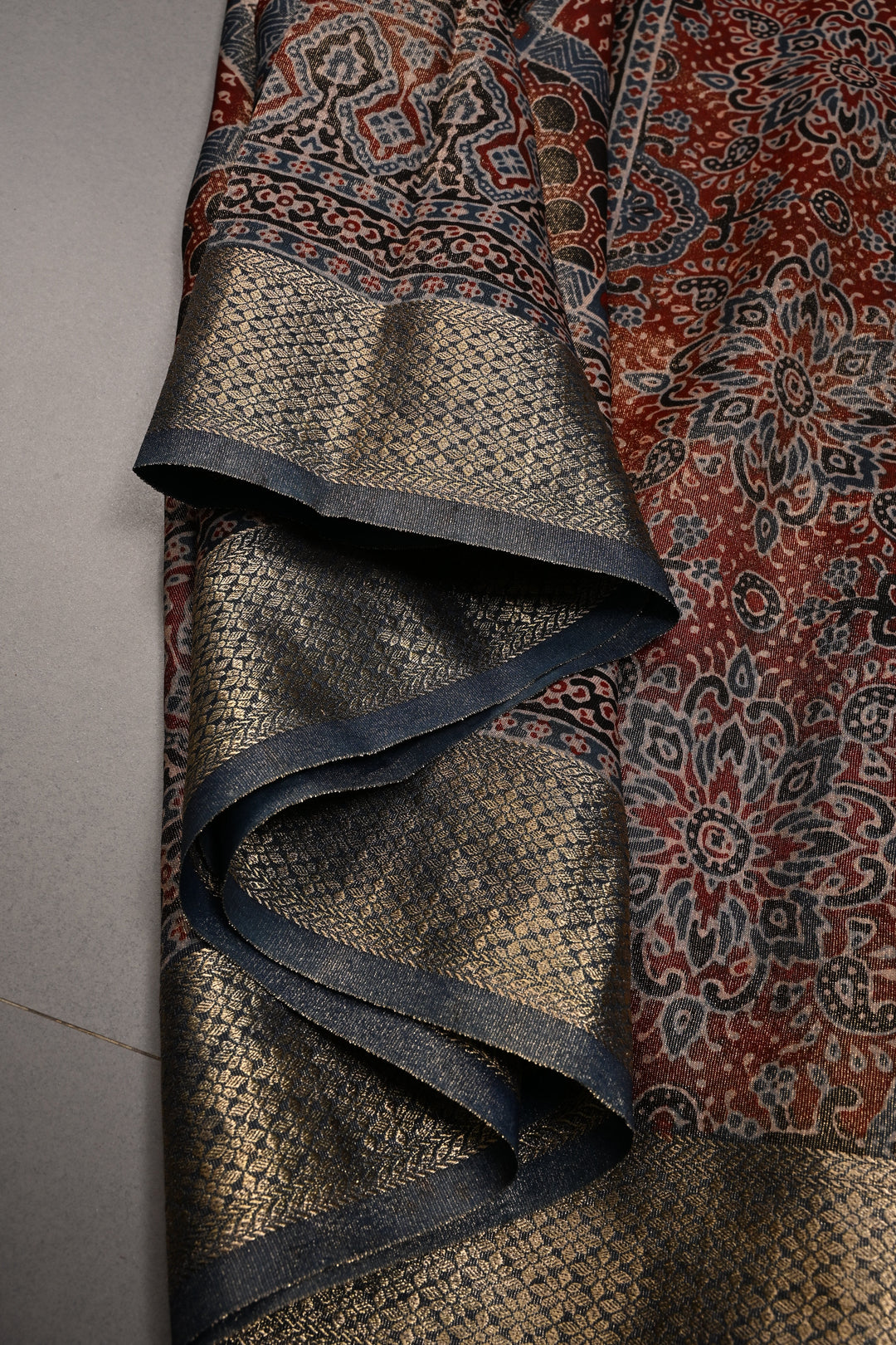 Maroon-Blue Ajrakh Print on Vegan Viscose Tissue Silk Saree with Gharchola Design and Zari Border | SHOBITAM