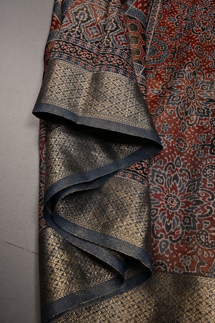 Maroon-Blue Ajrakh Print on Vegan Viscose Tissue Silk Saree with Gharchola Design and Zari Border | SHOBITAM