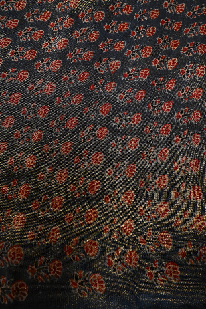 Maroon-Blue Ajrakh Print on Vegan Viscose Tissue Silk Saree with Gharchola Design and Zari Border | SHOBITAM