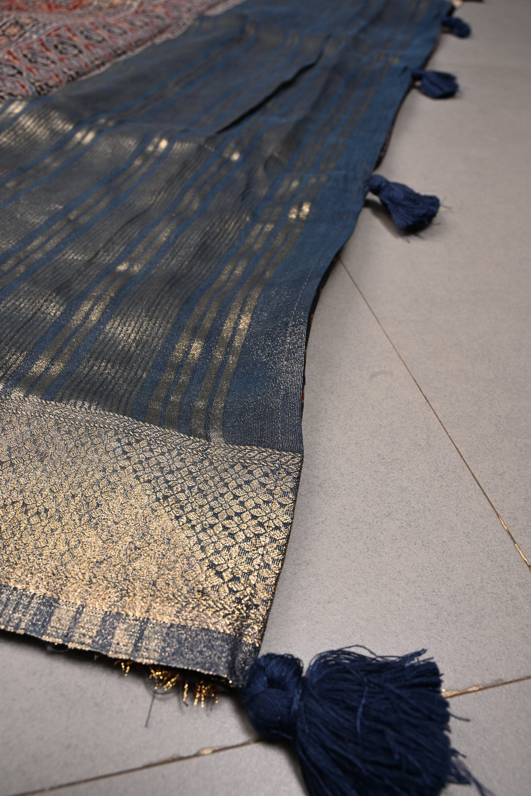 Maroon-Blue Ajrakh Print on Vegan Viscose Tissue Silk Saree with Gharchola Design and Zari Border | SHOBITAM