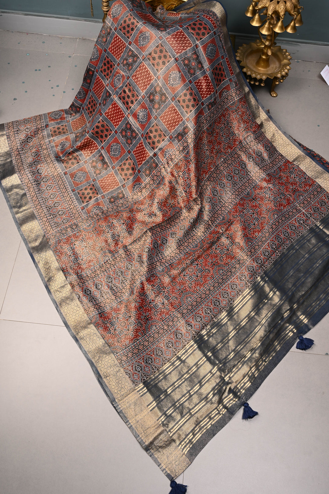 Maroon-Blue Ajrakh Print on Vegan Viscose Tissue Silk Saree with Gharchola Design and Zari Border | SHOBITAM