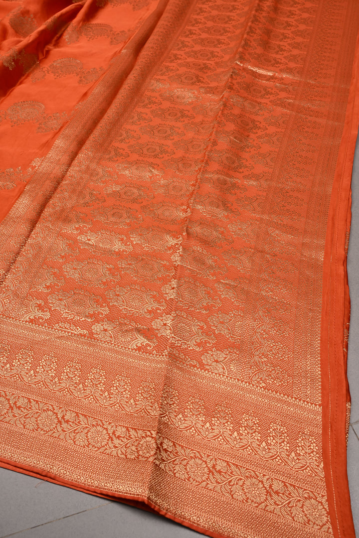 Orange Vegan Viscose Silk Saree with ornate scalloped Design and Zari Border | SHOBITAM