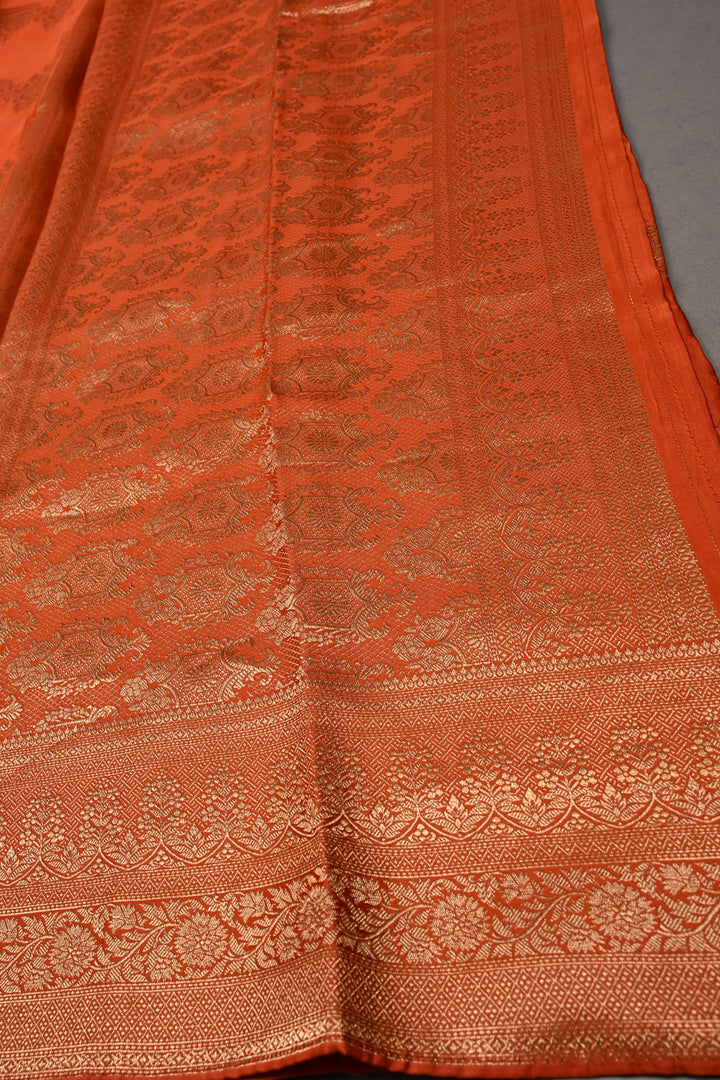 Orange Vegan Viscose Silk Saree with ornate scalloped Design and Zari Border | SHOBITAM