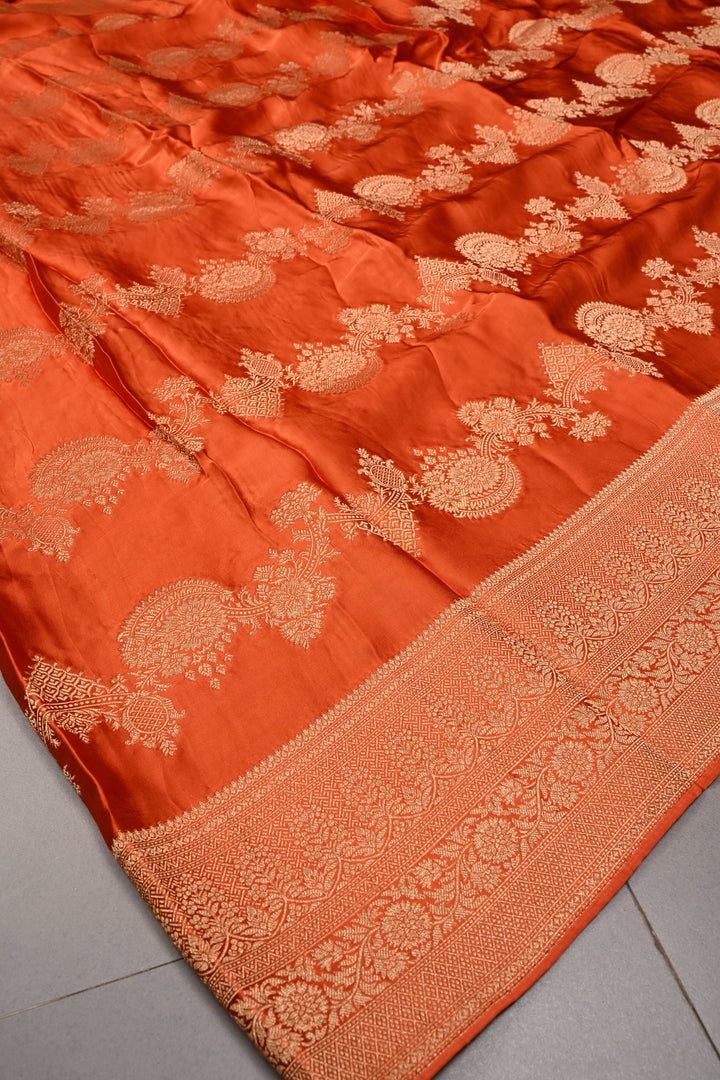 Orange Vegan Viscose Silk Saree with ornate scalloped Design and Zari Border | SHOBITAM