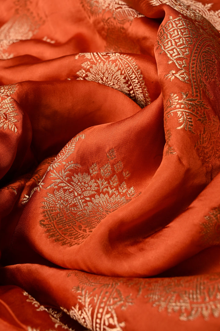 Orange Vegan Viscose Silk Saree with ornate scalloped Design and Zari Border | SHOBITAM