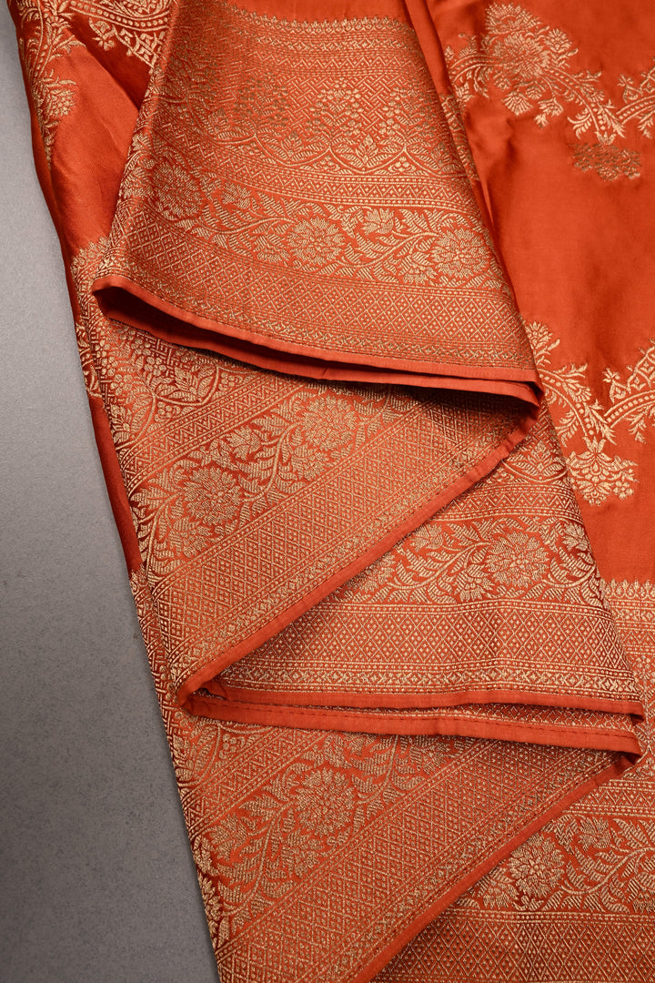 Orange Vegan Viscose Silk Saree with ornate scalloped Design and Zari Border | SHOBITAM