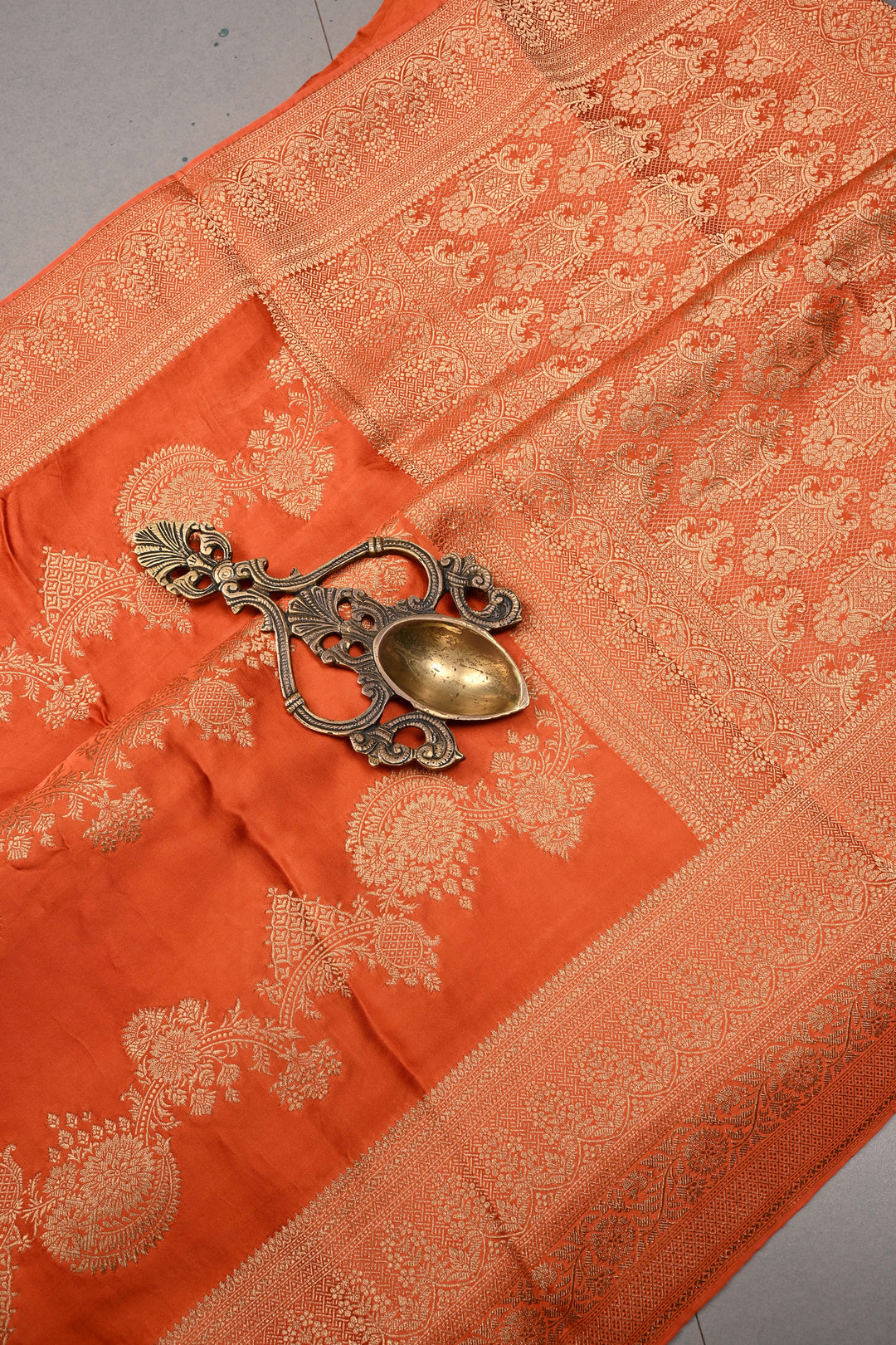 Orange Vegan Viscose Silk Saree with ornate scalloped Design and Zari Border | SHOBITAM