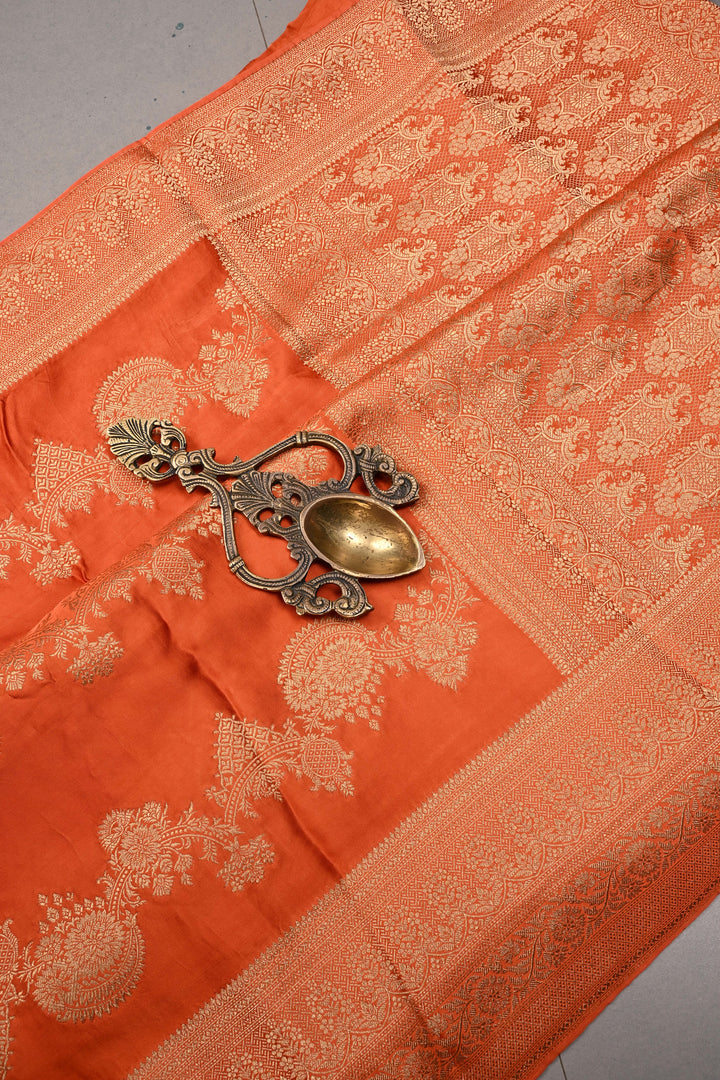 Orange Vegan Viscose Silk Saree with ornate scalloped Design and Zari Border | SHOBITAM