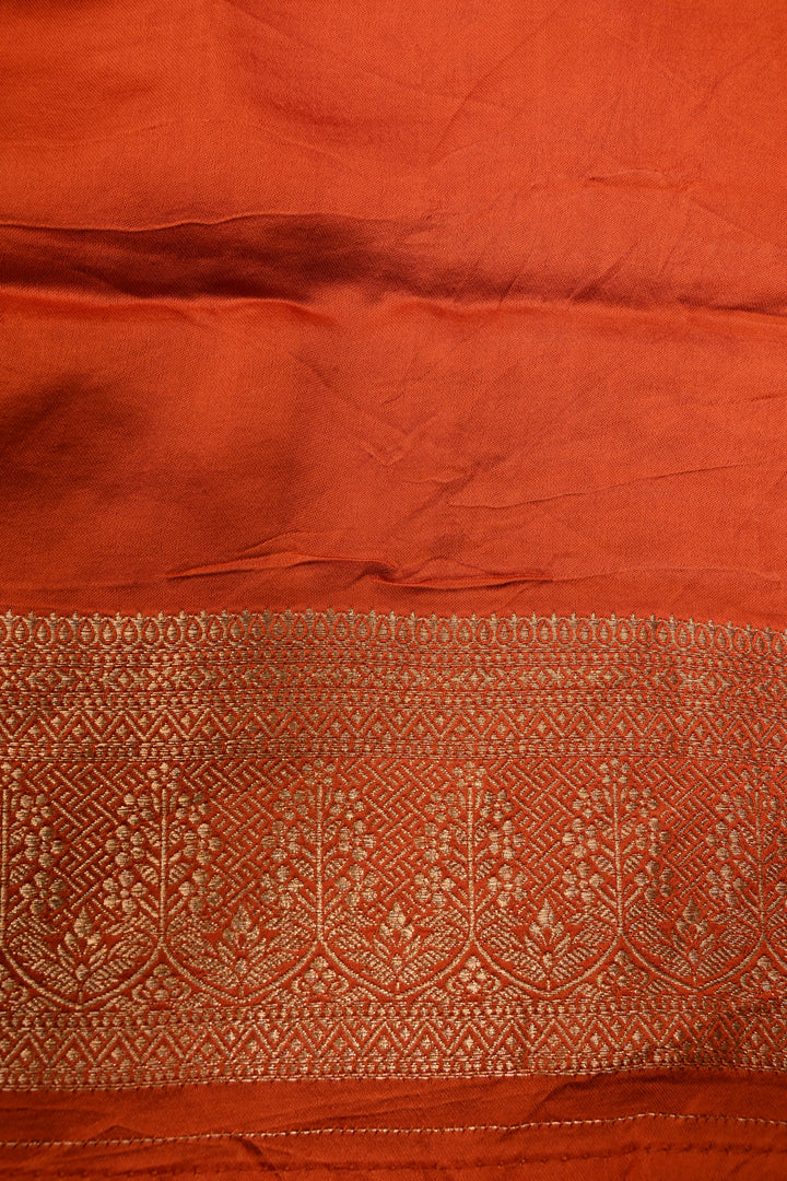 Orange Vegan Viscose Silk Saree with ornate scalloped Design and Zari Border | SHOBITAM