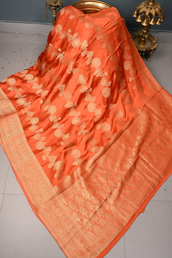 Orange Vegan Viscose Silk Saree with ornate scalloped Design and Zari Border | SHOBITAM