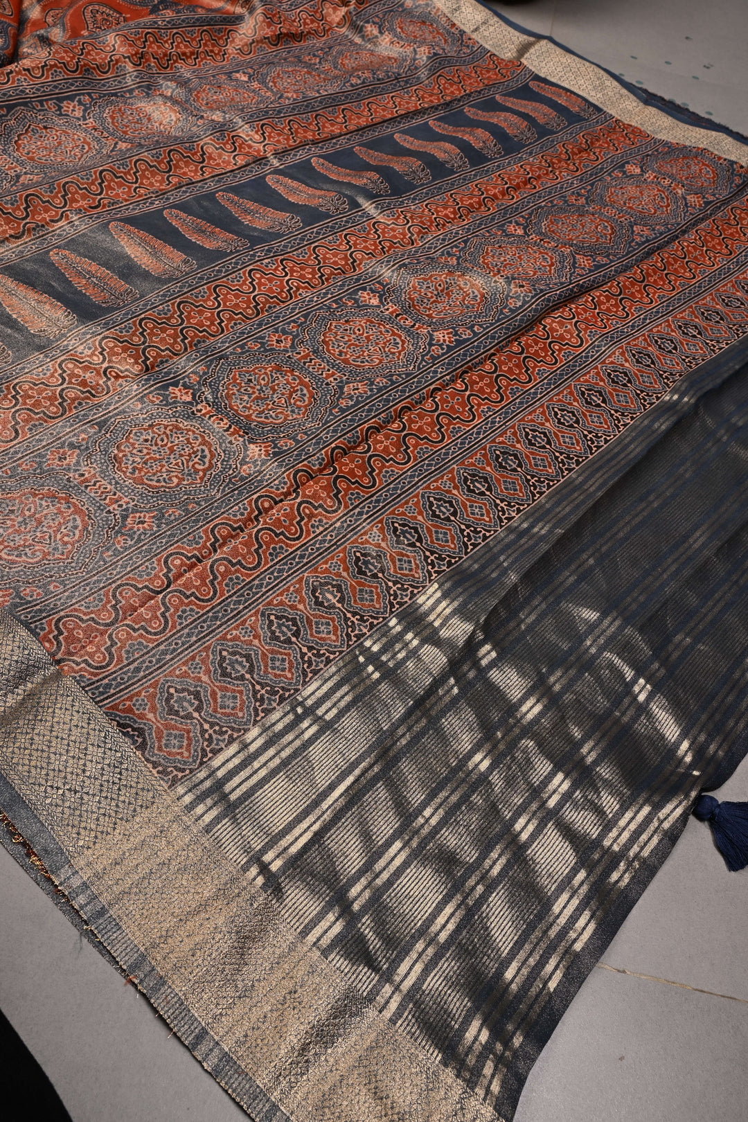 Blue-Red Vegan Viscose Tissue Silk Saree with Ajrakh Print and Zari Border | SHOBITAM