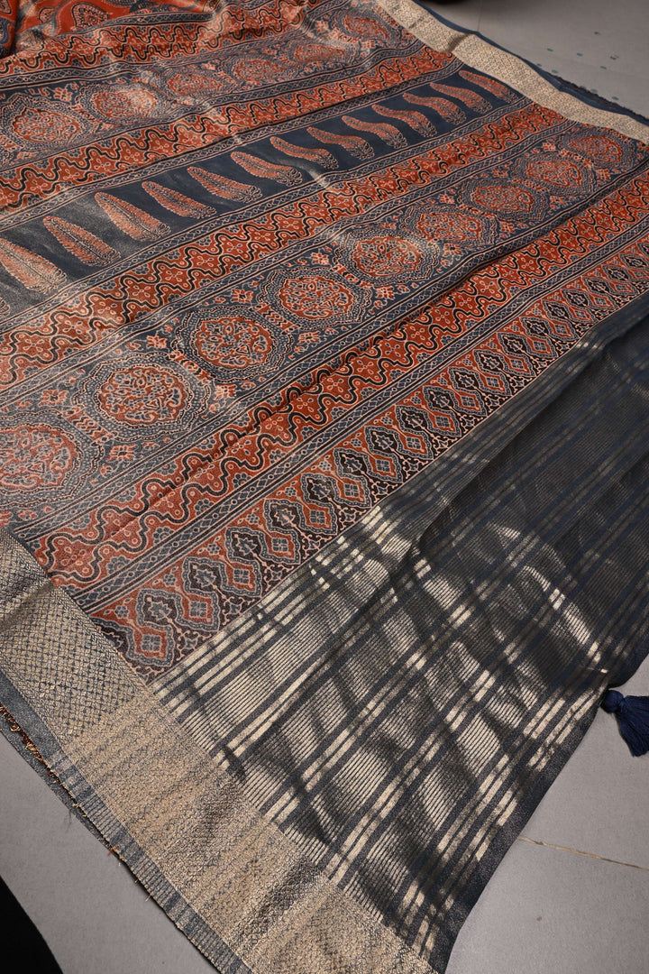 Blue-Red Vegan Viscose Tissue Silk Saree with Ajrakh Print and Zari Border | SHOBITAM