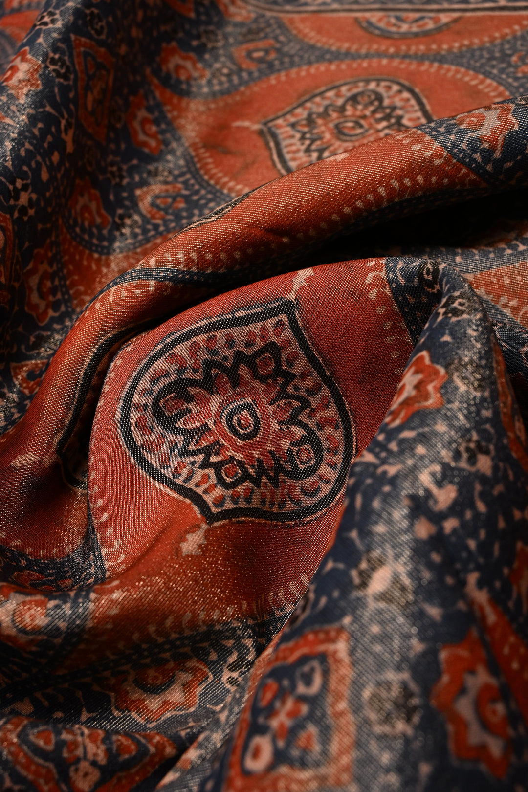 Blue-Red Vegan Viscose Tissue Silk Saree with Ajrakh Print and Zari Border | SHOBITAM