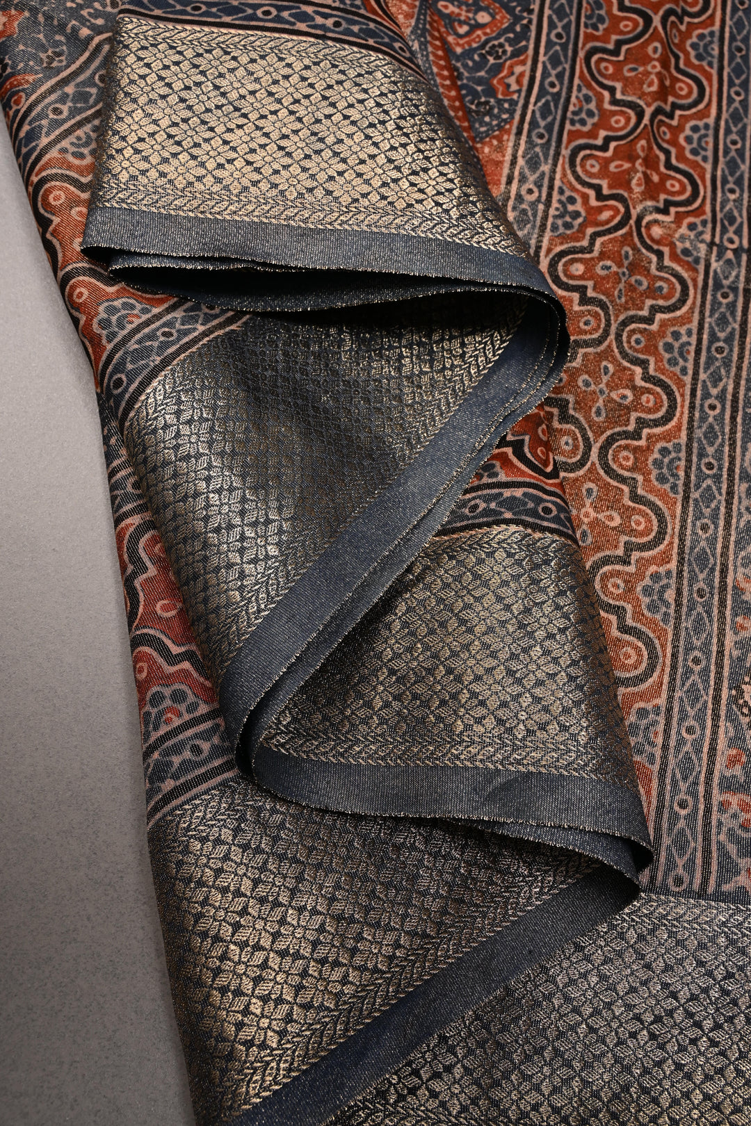 Blue-Red Vegan Viscose Tissue Silk Saree with Ajrakh Print and Zari Border | SHOBITAM