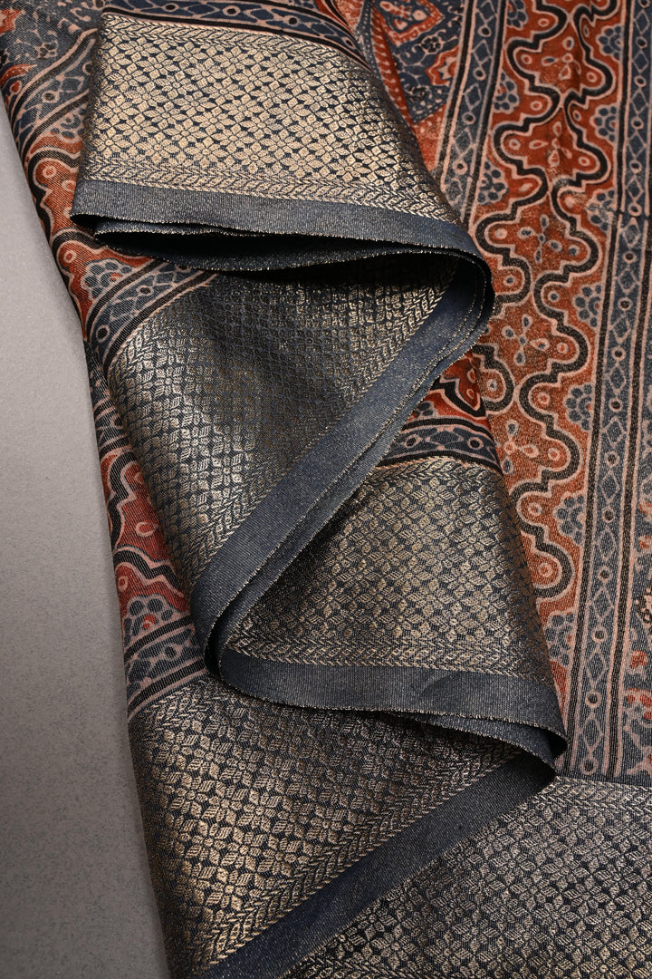 Blue-Red Vegan Viscose Tissue Silk Saree with Ajrakh Print and Zari Border | SHOBITAM