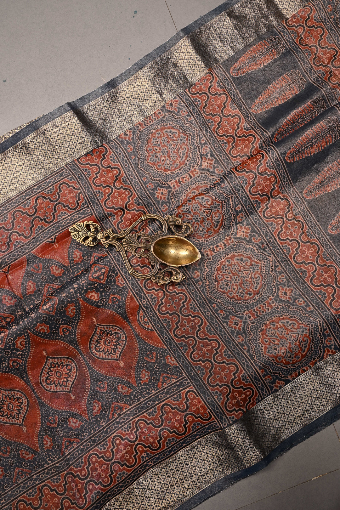 Blue-Red Vegan Viscose Tissue Silk Saree with Ajrakh Print and Zari Border | SHOBITAM