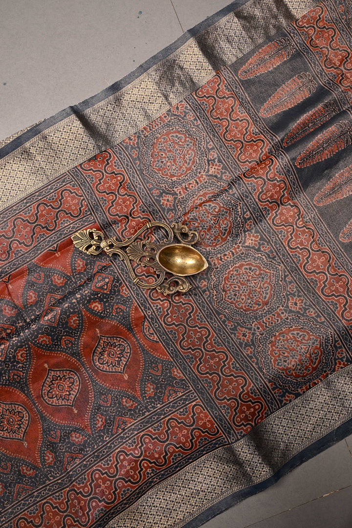 Blue-Red Vegan Viscose Tissue Silk Saree with Ajrakh Print and Zari Border | SHOBITAM