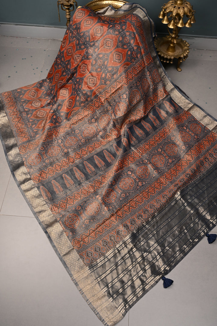 Blue-Red Vegan Viscose Tissue Silk Saree with Ajrakh Print and Zari Border | SHOBITAM