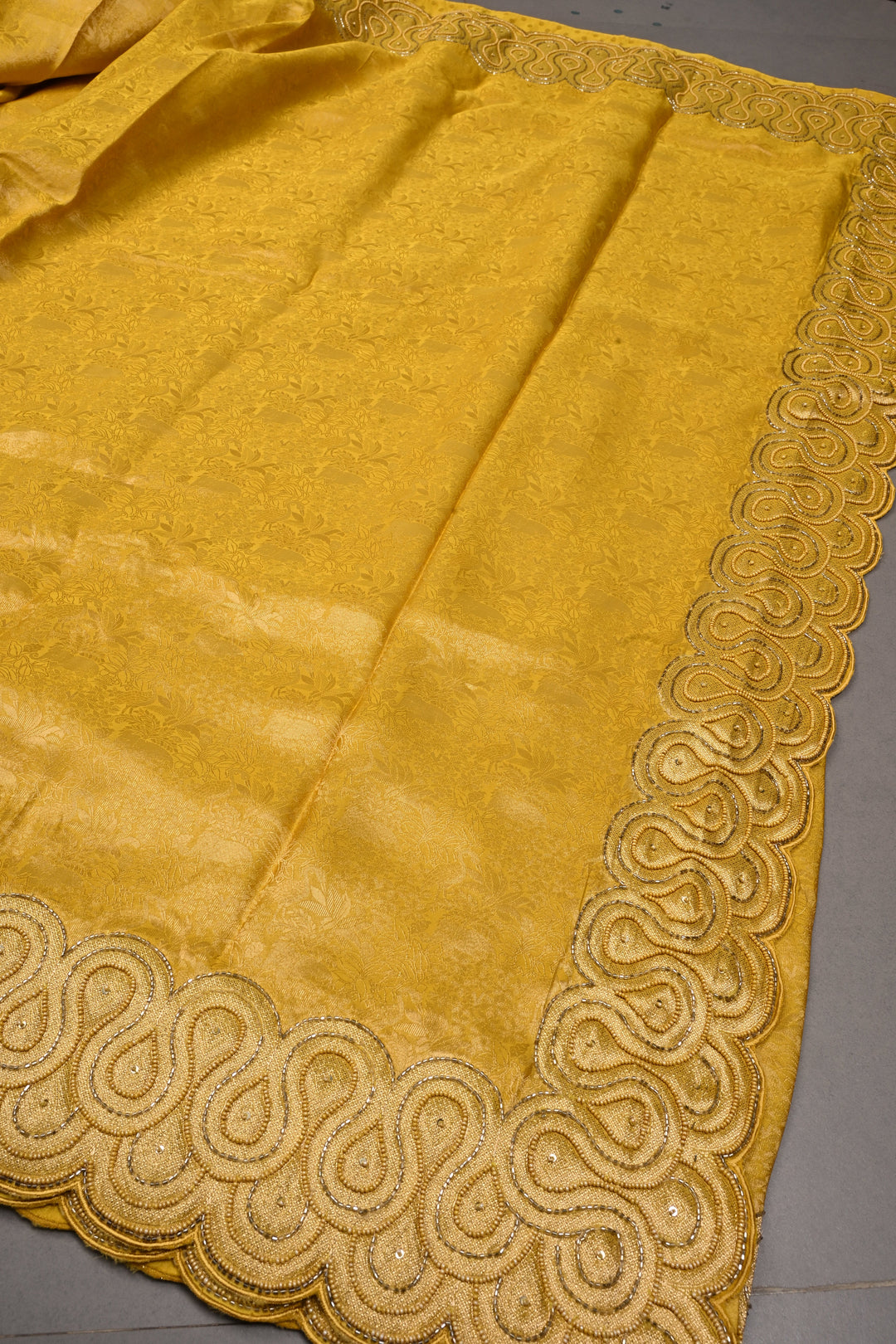 Butter Yellow Vegan Viscose Silk Saree with Vanasingaram Brocade and cutdana ,Beads Embroidery Scallop Border | SHOBITAM